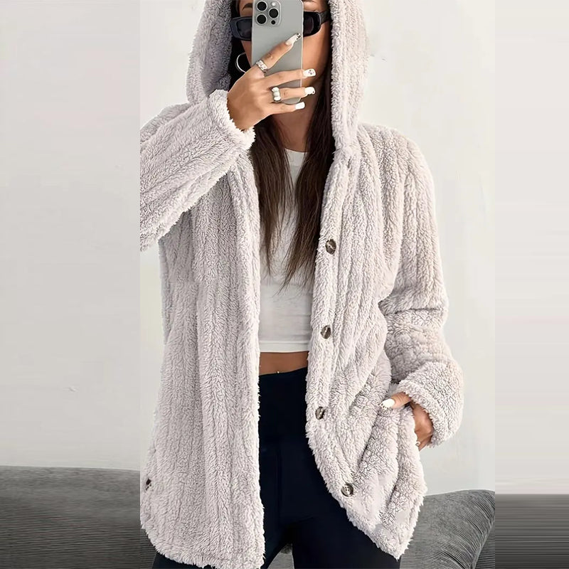 Women’s Lightweight Plush Hooded Jacket, Warm Mid-Length Teddy Bear Cardigan 🧥