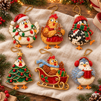 🐔 2026 Christmas Chicken Ornaments – Set of 6 Festive Farmhouse Holiday Keepsakes