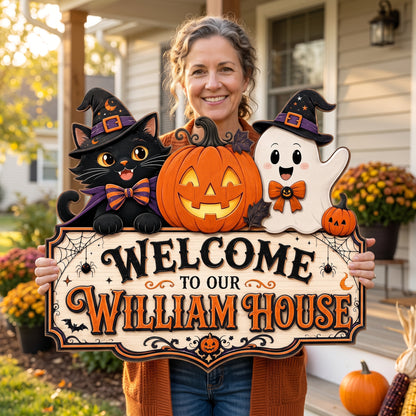 Personalized Halloween Welcome Wood Sign with Cat and Ghost