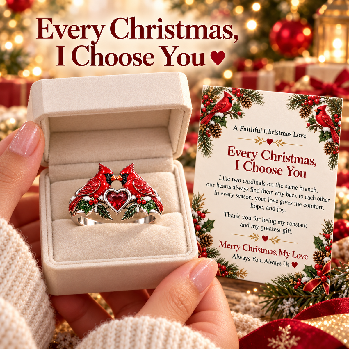 Christmas Cardinal Heart Ring with “I Choose You” Love Message Card