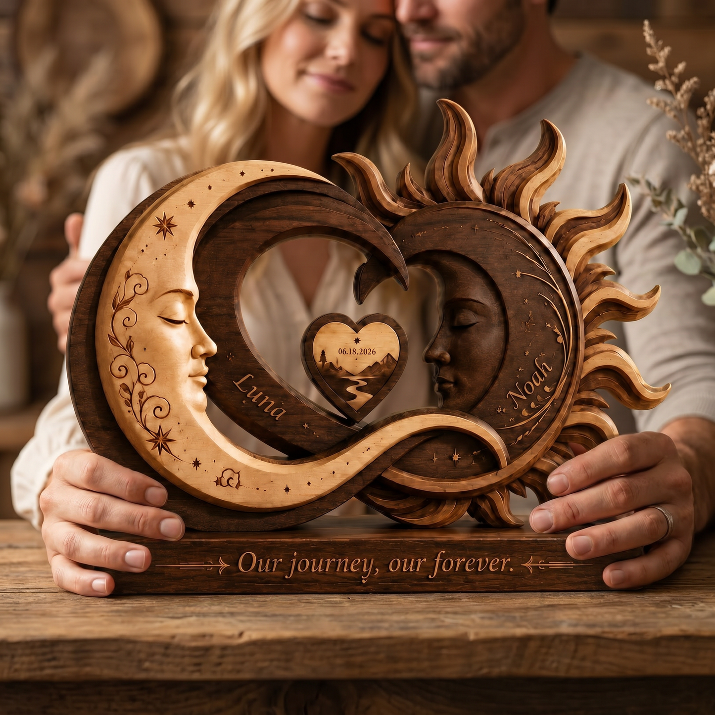 Personalized Sun & Moon Sculpture – Engraved with Your Names & Special Date
