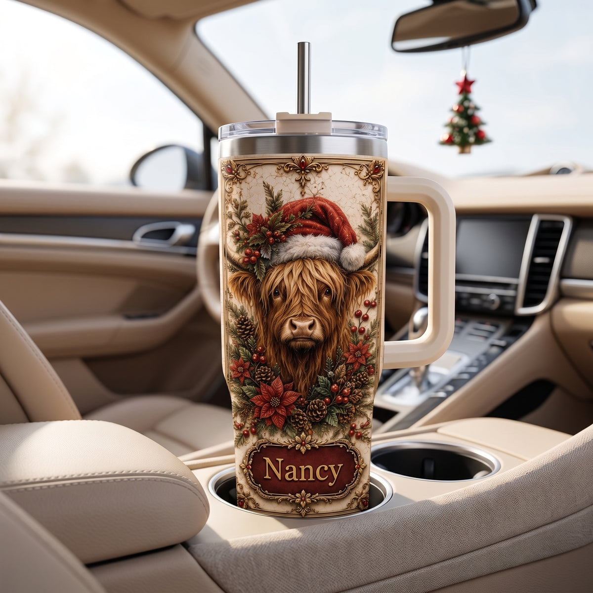 Personalized Christmas Highland Cow Tumbler with Name