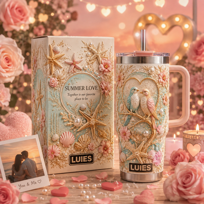 💕 Personalized Summer Beach Love Birds Tumbler – Romantic Coastal Style for Every Sip
