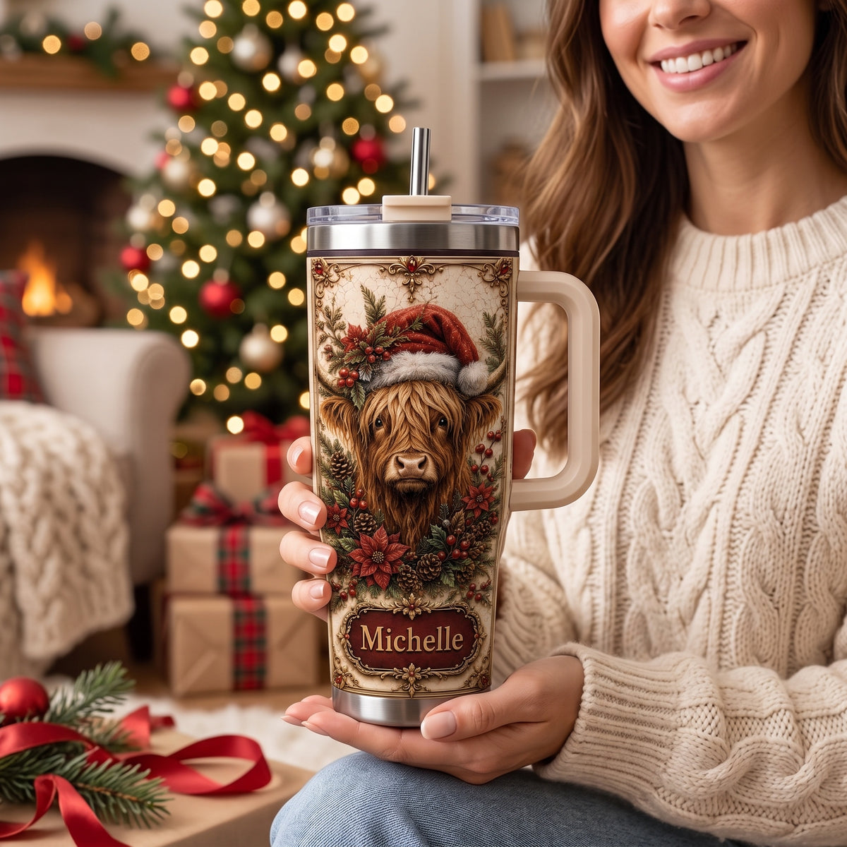 Personalized Christmas Highland Cow Tumbler with Name