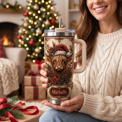 Personalized Christmas Highland Cow Tumbler with Name