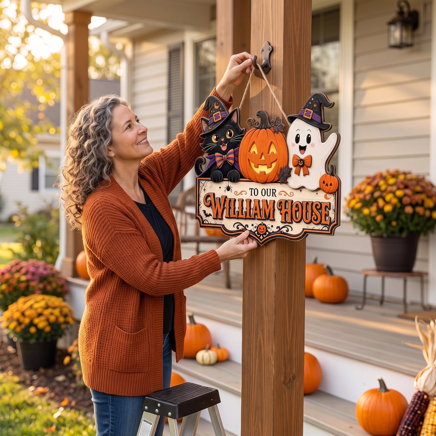 Personalized Halloween Welcome Wood Sign with Cat and Ghost