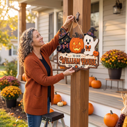 Personalized Halloween Welcome Wood Sign with Cat and Ghost