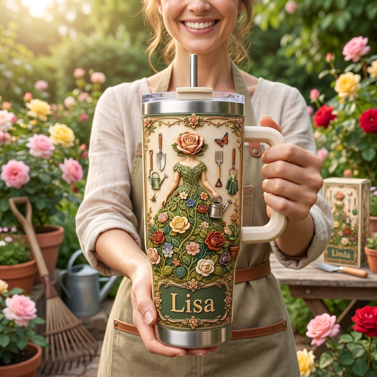 Personalized Garden Goddess Tumbler with Name, Floral Gardening Travel Cup for Women