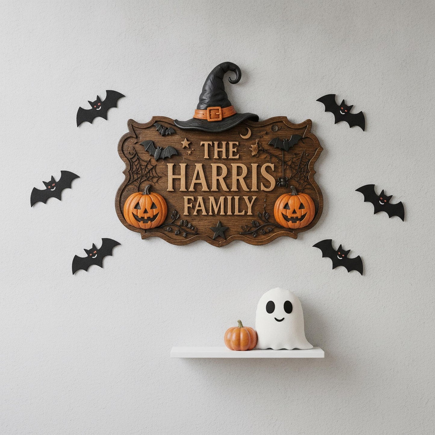 Personalized Halloween Family Name Door Sign with Witch Hat