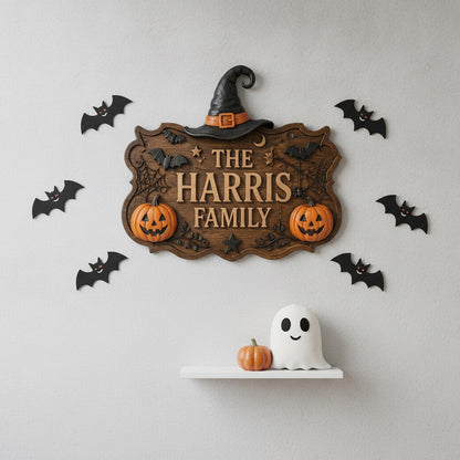 Personalized Halloween Family Name Door Sign with Witch Hat