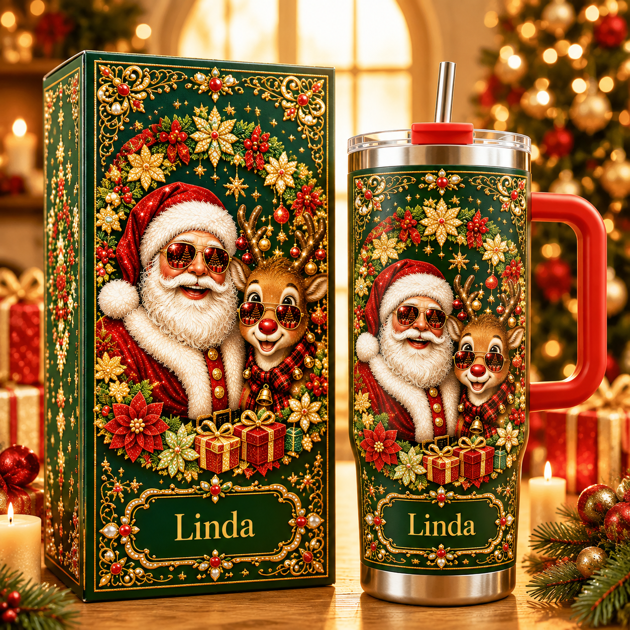 Personalized Vintage Santa & Reindeer Christmas Tumbler With Name