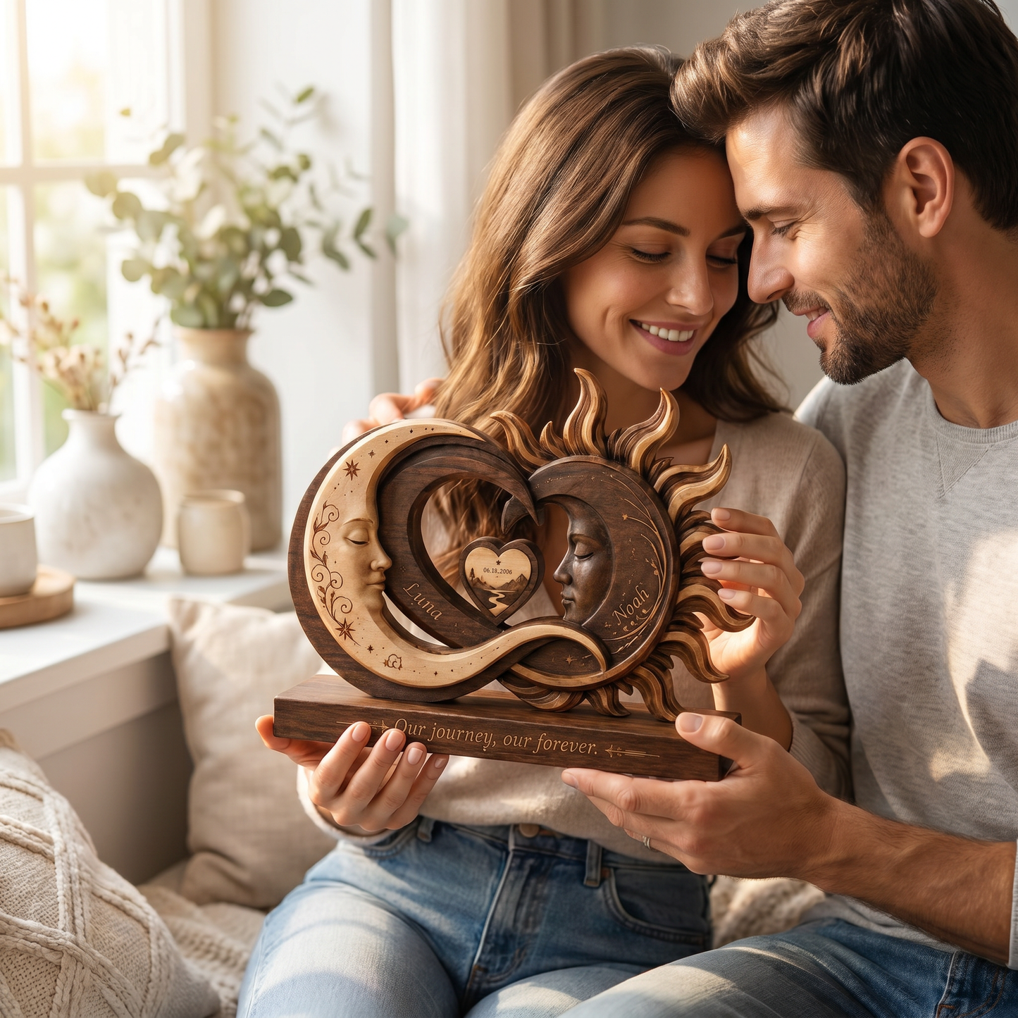 Personalized Sun & Moon Sculpture – Engraved with Your Names & Special Date
