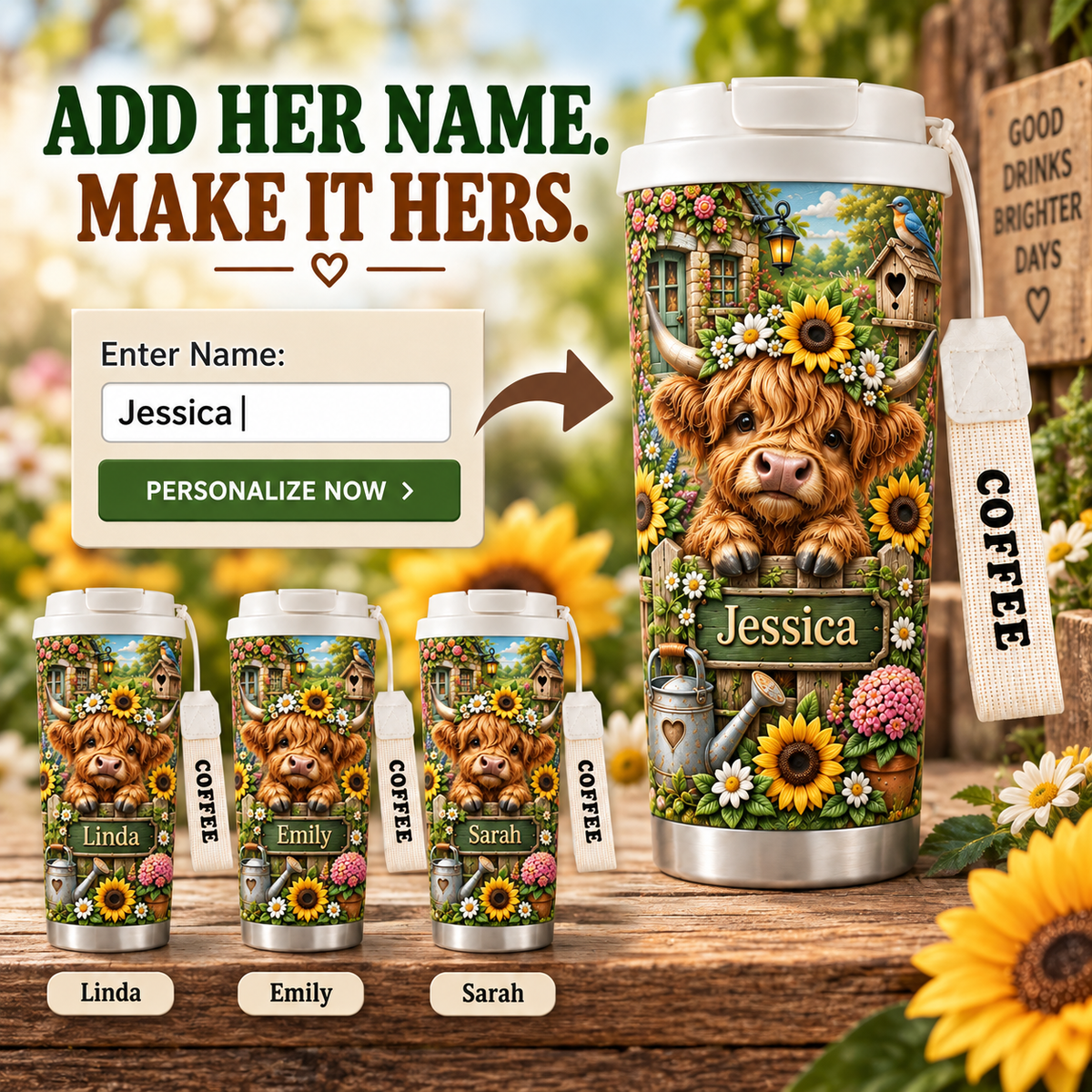 🌻 Personalized Highland Cow Garden Tumbler With Name