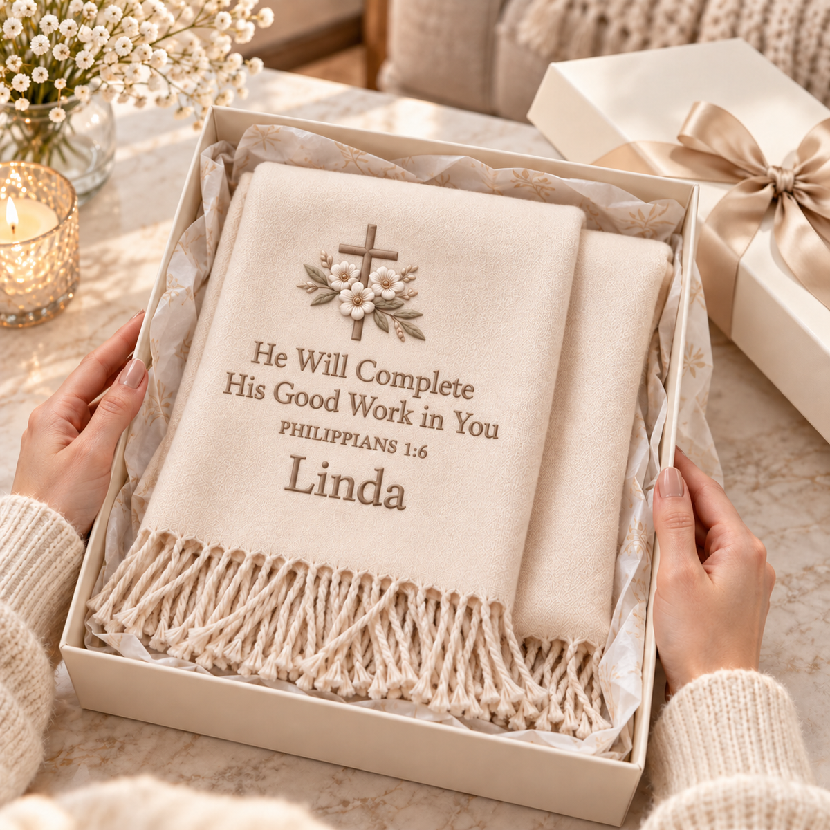 🤍 Wrapped in Faith — Personalized Name & Bible Verse Winter Scarf