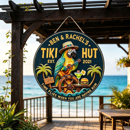 Personalized Tiki Bar Wood Signs: Parrot playing guitar
