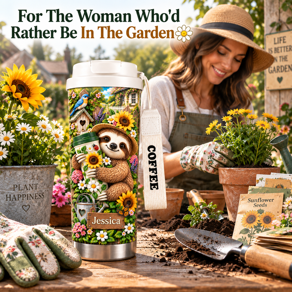 🌻 Personalized Sloth Garden Tumbler With Name