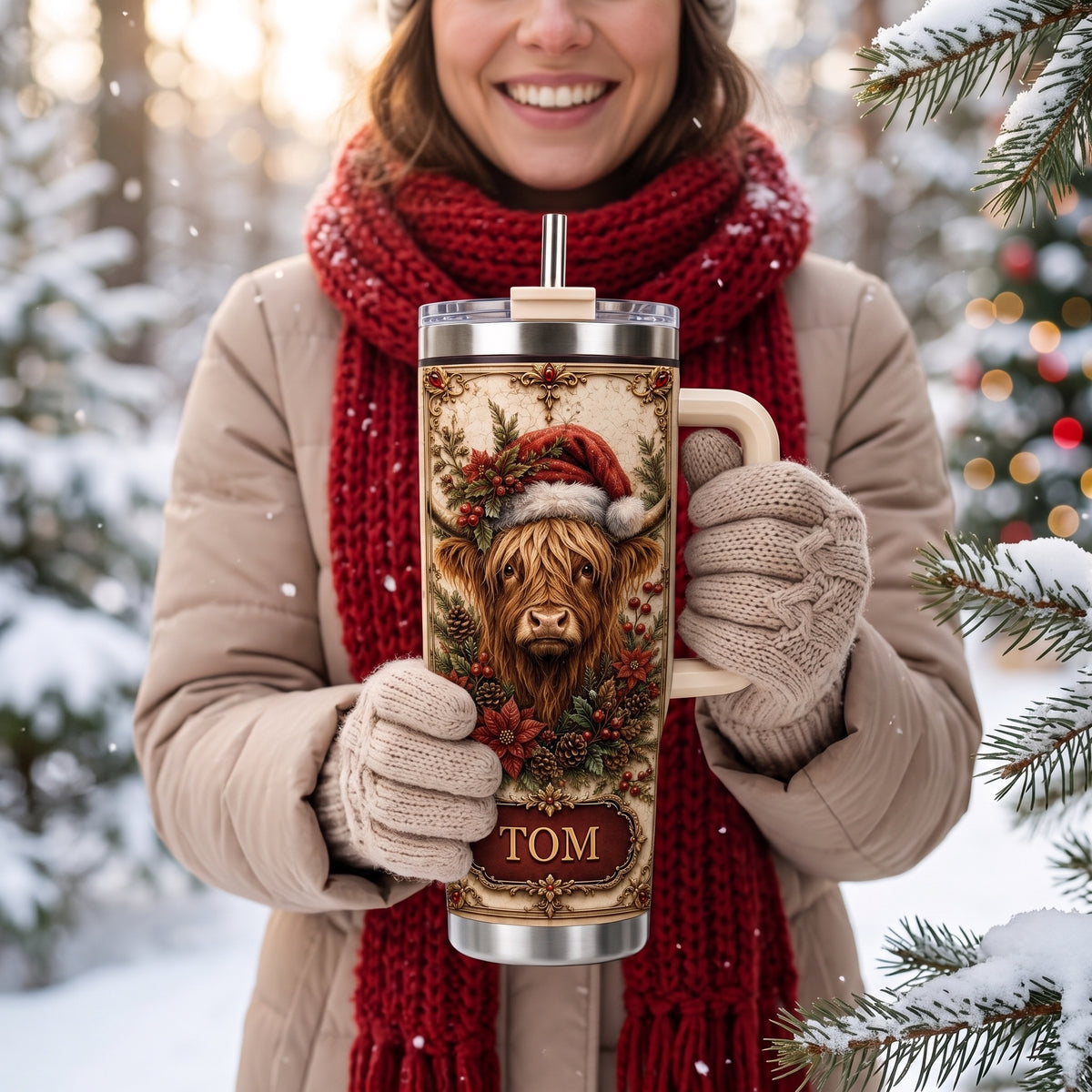 Personalized Christmas Highland Cow Tumbler with Name