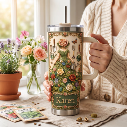 Personalized Garden Goddess Tumbler with Name, Floral Gardening Travel Cup for Women