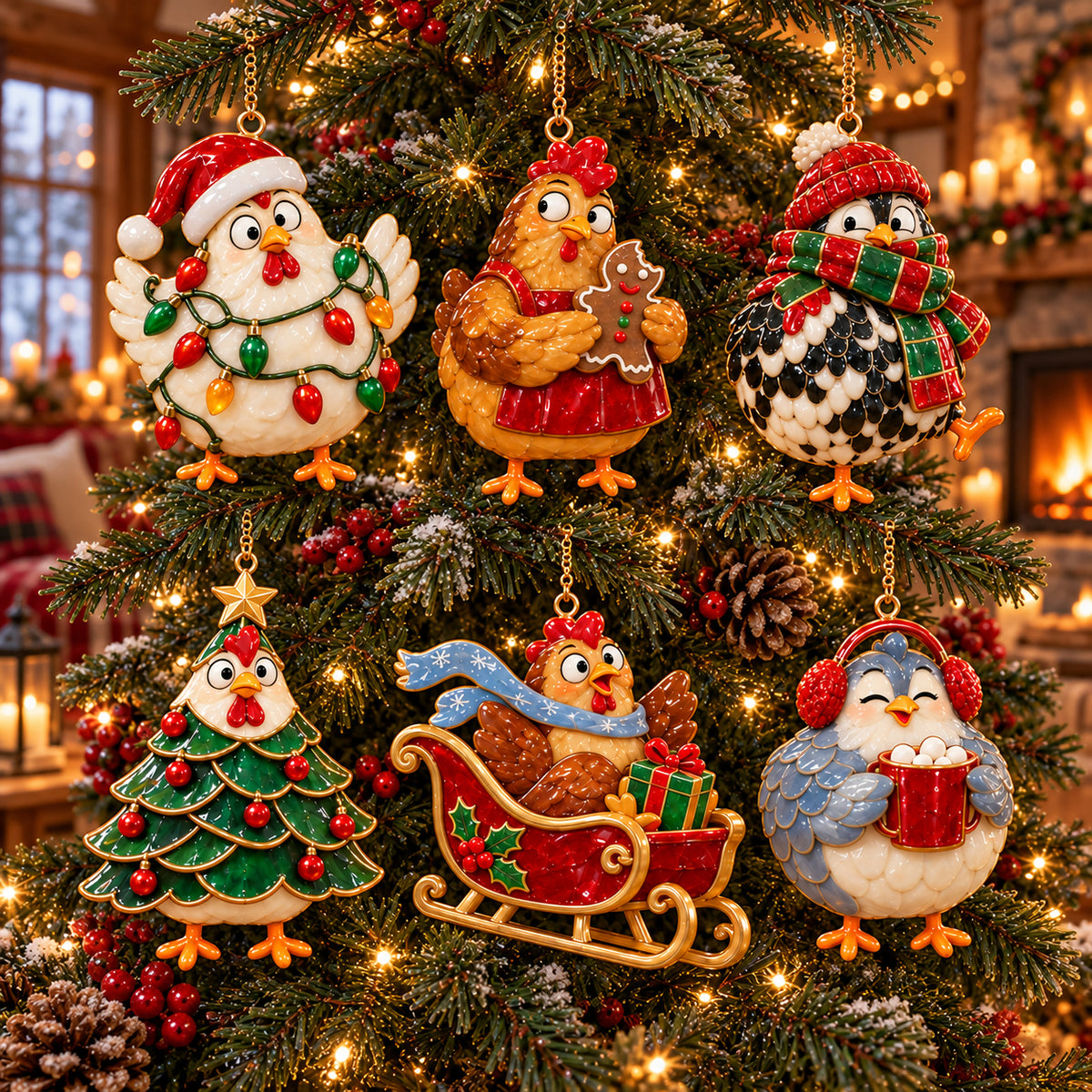 🐔 2026 Christmas Chicken Ornaments – Set of 6 Festive Farmhouse Holiday Keepsakes