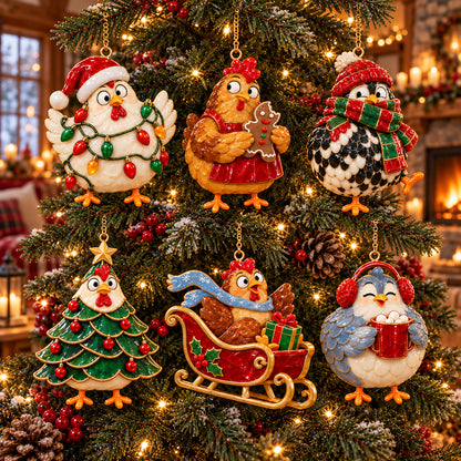🐔 2026 Christmas Chicken Ornaments – Set of 6 Festive Farmhouse Holiday Keepsakes