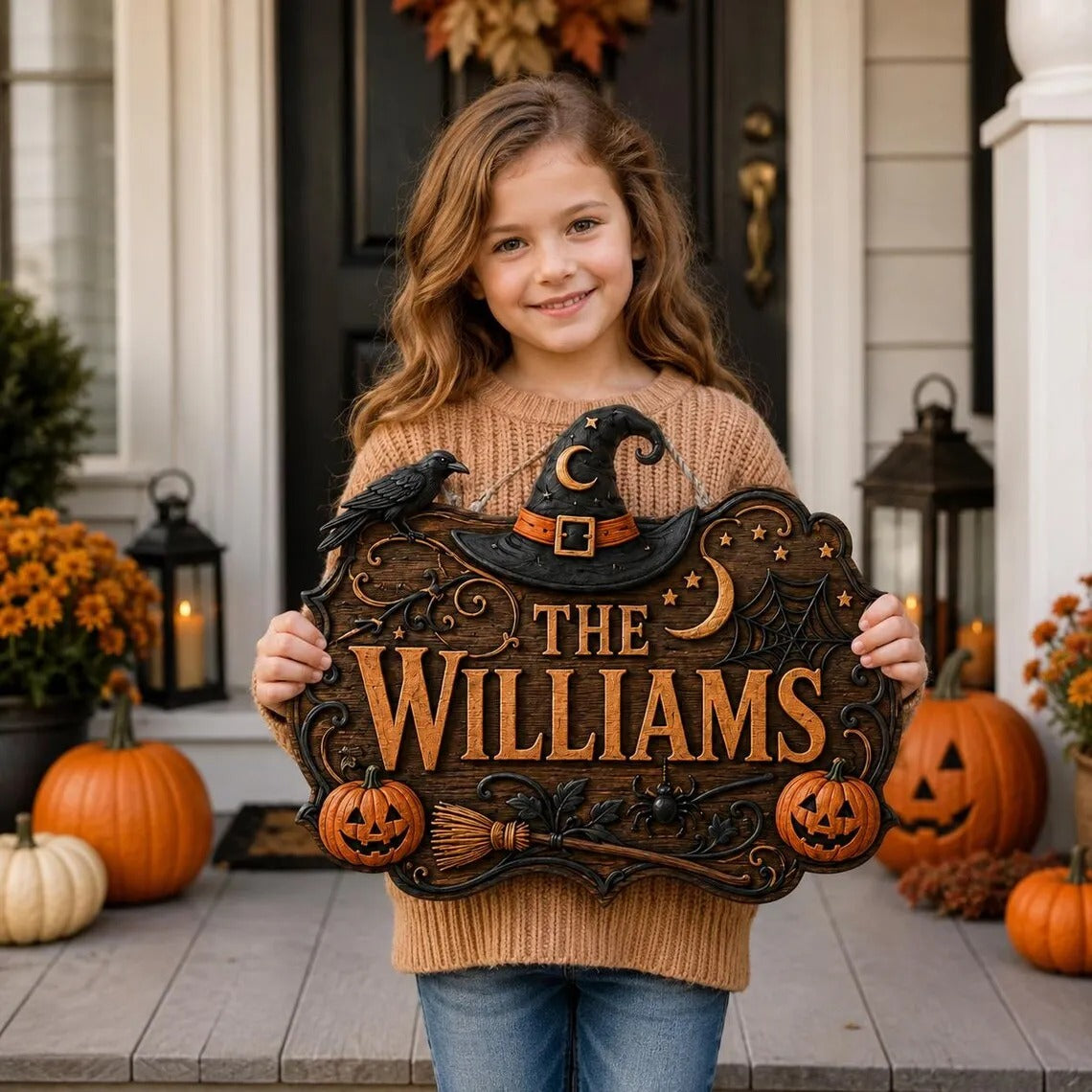 🎃Personalized Witch Hat Crow Family Name Halloween Hanging Sign✨
