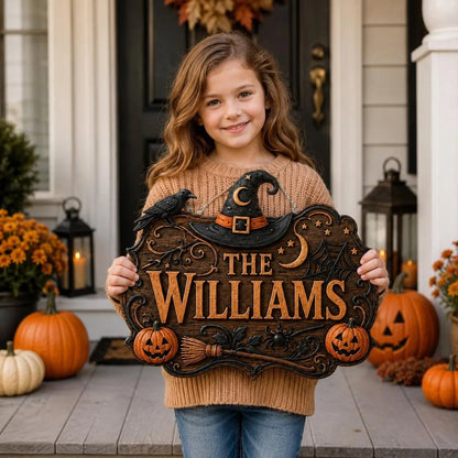 🎃Personalized Witch Hat Crow Family Name Halloween Hanging Sign✨