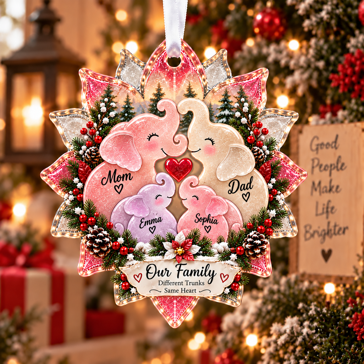 🐘 Personalized Elephant Family Sea Glass Style Christmas Ornament