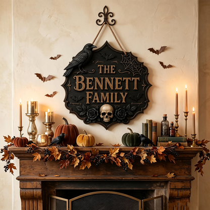 Gothic Halloween Wooden Door Sign, Raven Skull Family Name Sign