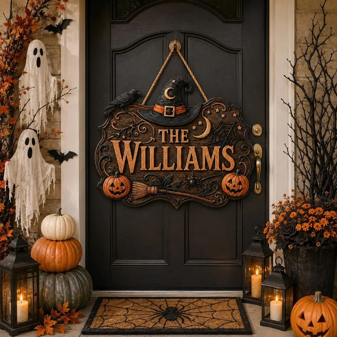 🎃Personalized Witch Hat Crow Family Name Halloween Hanging Sign✨