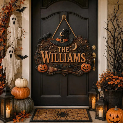🎃Personalized Witch Hat Crow Family Name Halloween Hanging Sign✨