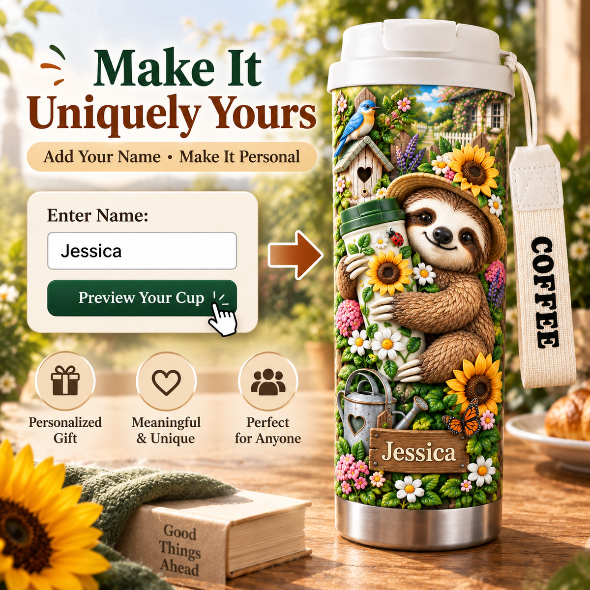 🌻 Personalized Sloth Garden Tumbler With Name