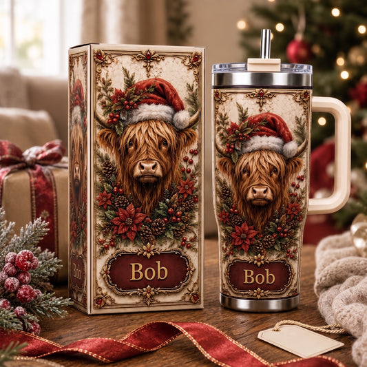 Personalized Christmas Highland Cow Tumbler with Name
