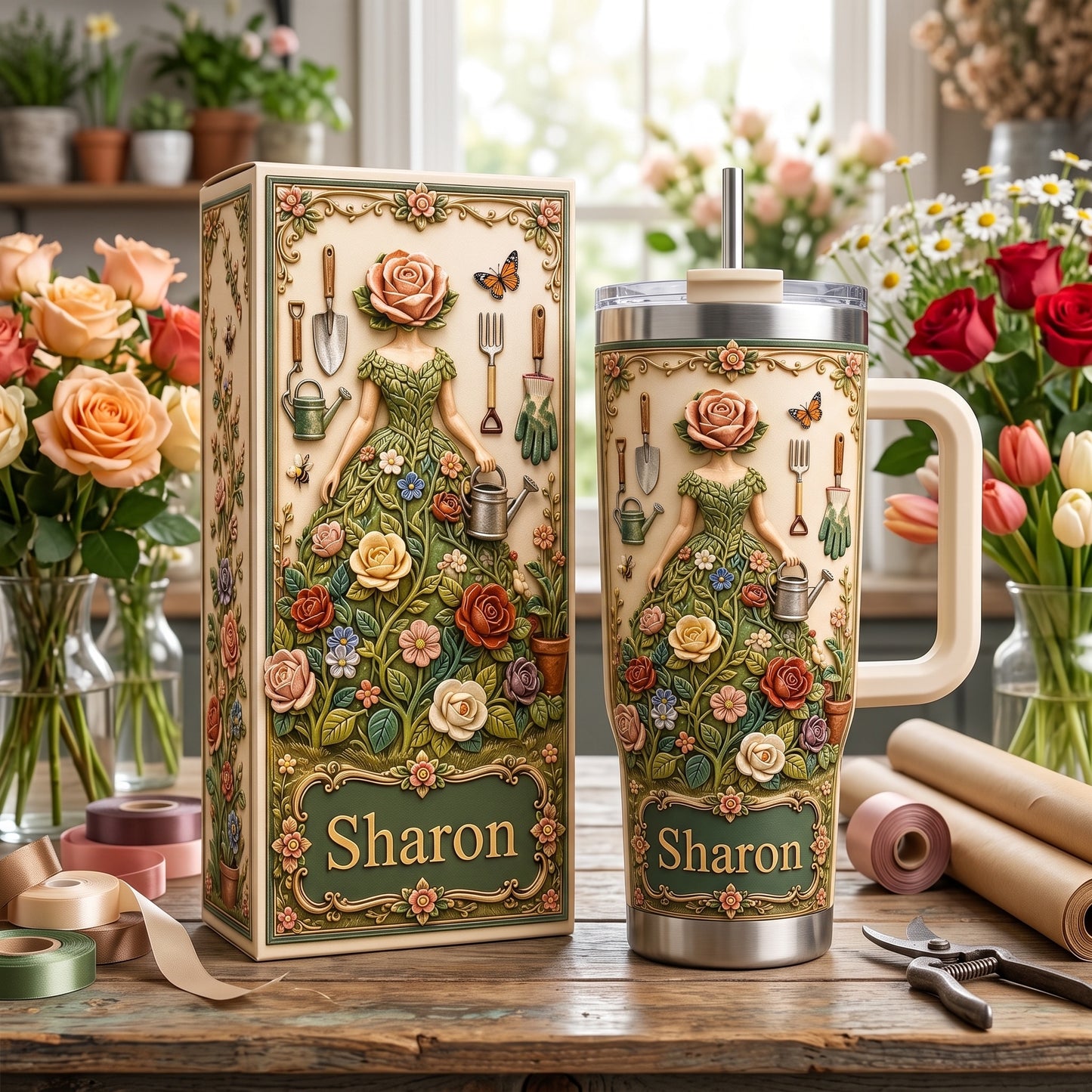 Personalized Garden Goddess Tumbler with Name, Floral Gardening Travel Cup for Women