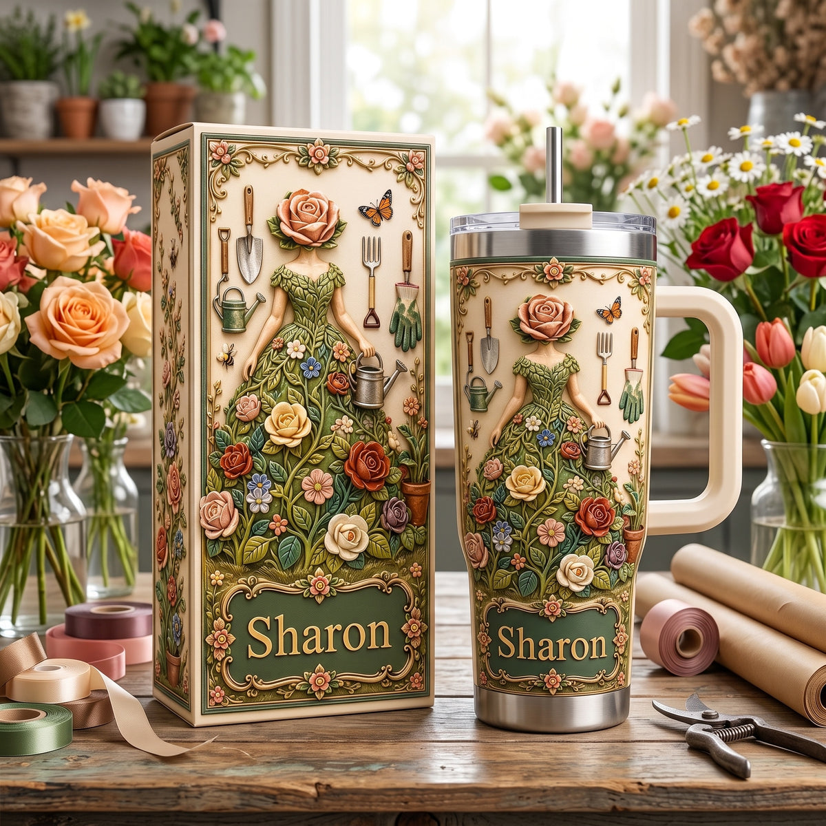 Personalized Garden Goddess Tumbler with Name, Floral Gardening Travel Cup for Women