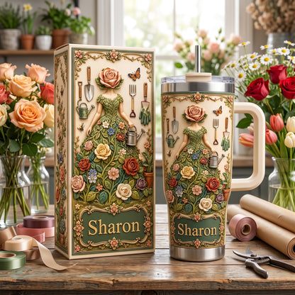 Personalized Garden Goddess Tumbler with Name, Floral Gardening Travel Cup for Women