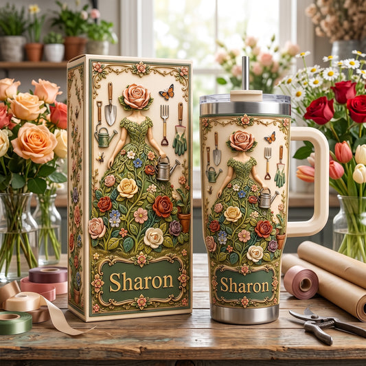 Personalized Garden Goddess Tumbler with Name, Floral Gardening Travel Cup for Women
