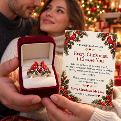 Christmas Cardinal Heart Ring with “I Choose You” Love Message Card