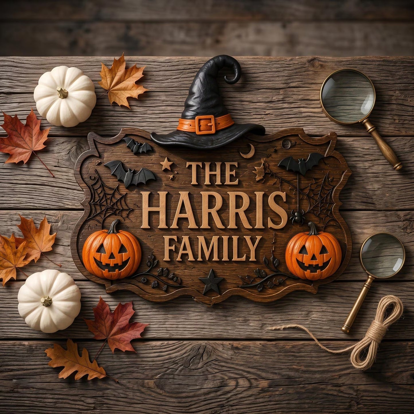 Personalized Halloween Family Name Door Sign with Witch Hat