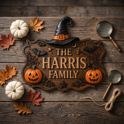 Personalized Halloween Family Name Door Sign with Witch Hat