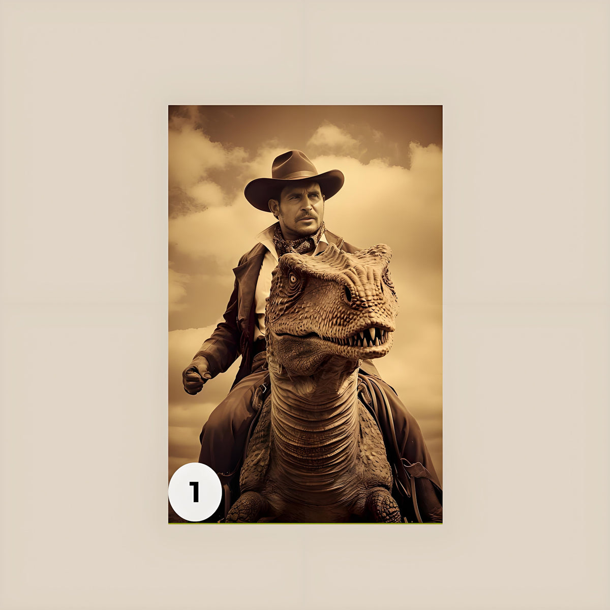 Custom Vintage Portrait: A Western Cowboy Riding a Dinosaur