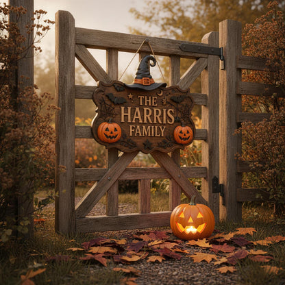 Personalized Halloween Family Name Door Sign with Witch Hat