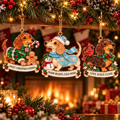🐾🎄 Dachshund Christmas Ornaments Set of 6 - Stained Glass Style
