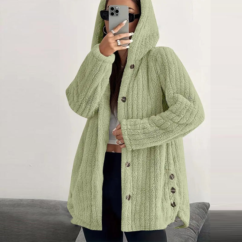 Women’s Lightweight Plush Hooded Jacket, Warm Mid-Length Teddy Bear Cardigan 🧥