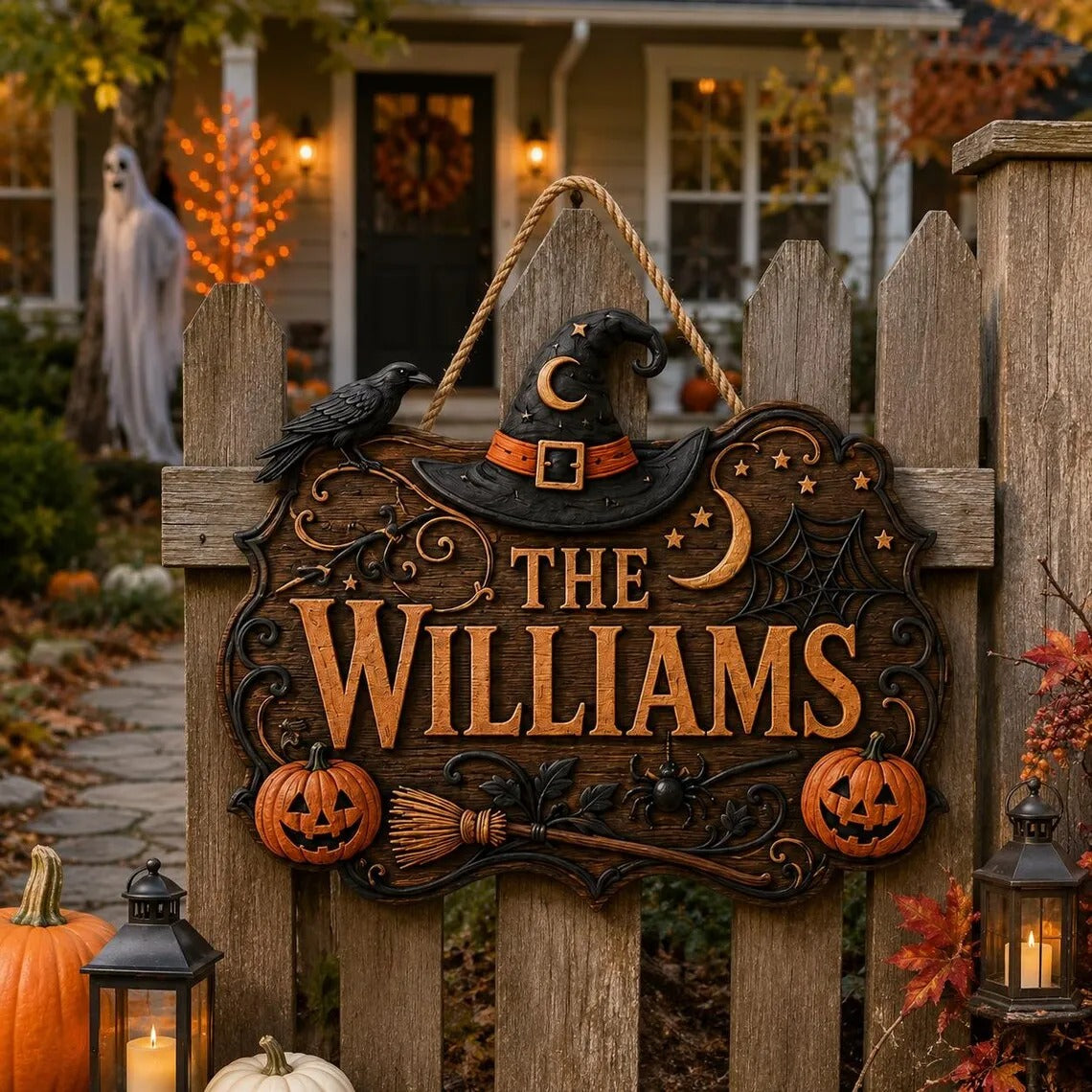 🎃Personalized Witch Hat Crow Family Name Halloween Hanging Sign✨