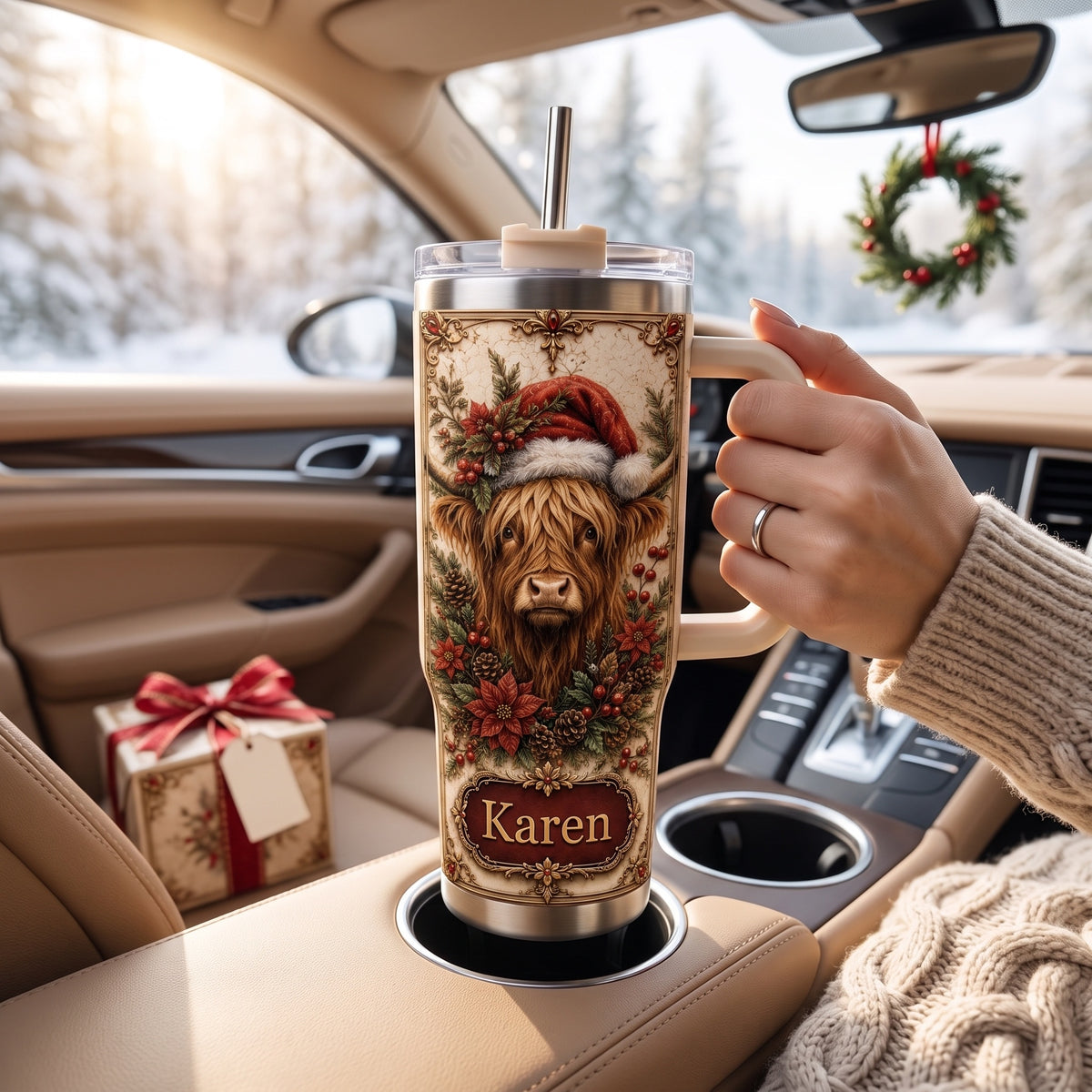 Personalized Christmas Highland Cow Tumbler with Name