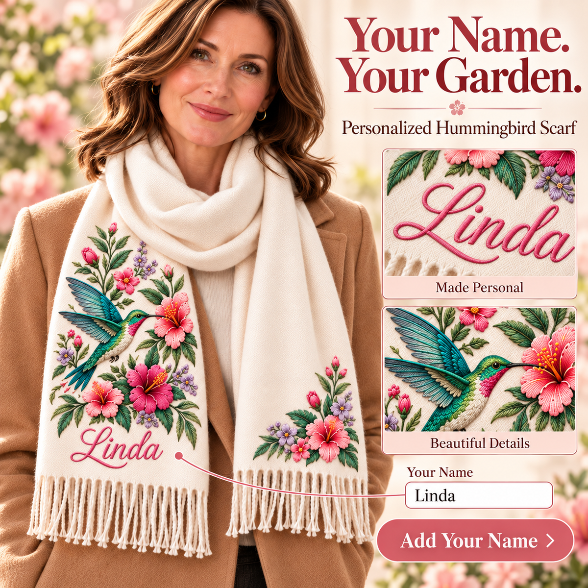 🌸 Personalized Garden Animal Scarf – Your Name, Your Nature