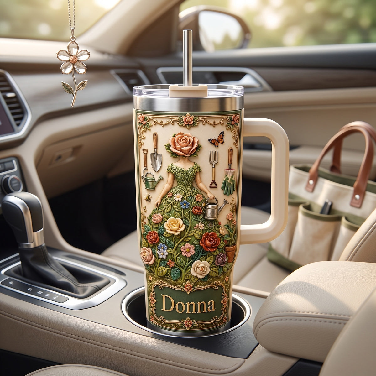 Personalized Garden Goddess Tumbler with Name, Floral Gardening Travel Cup for Women
