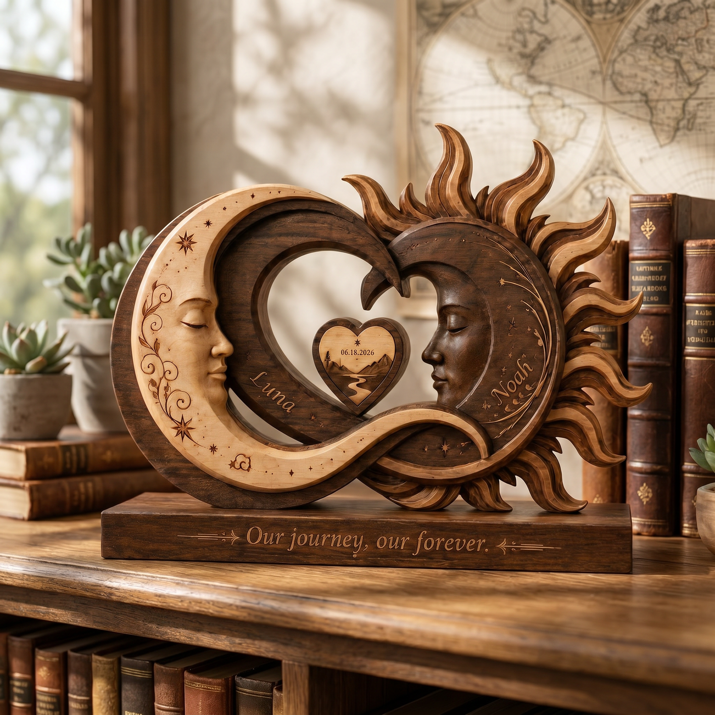 Personalized Sun & Moon Sculpture – Engraved with Your Names & Special Date