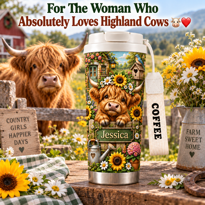 🌻 Personalized Highland Cow Garden Tumbler With Name