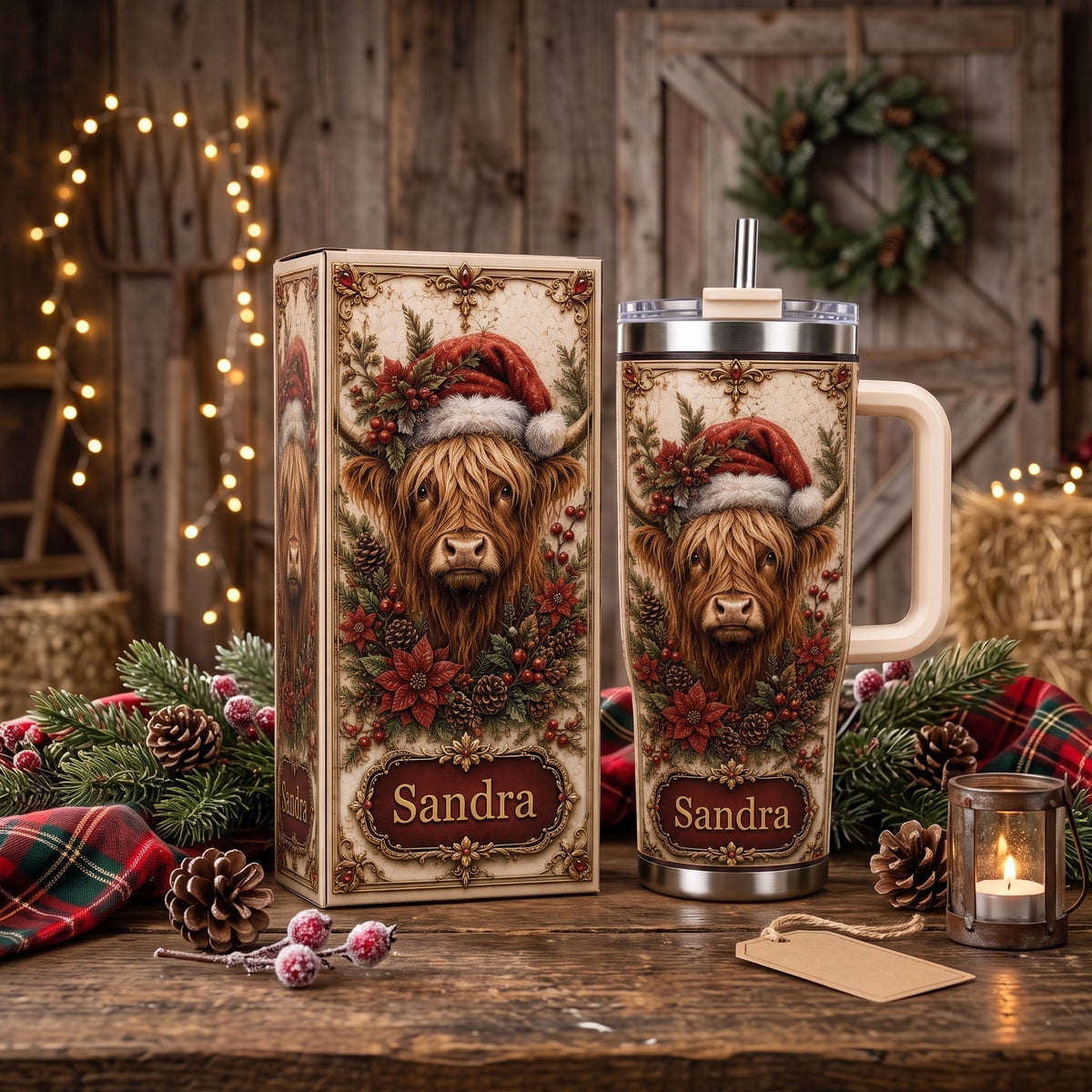 Personalized Christmas Highland Cow Tumbler with Name